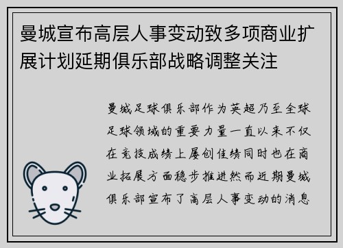 曼城宣布高层人事变动致多项商业扩展计划延期俱乐部战略调整关注 曼城宣布高层人事变动致多项商业扩展计划延期俱乐部战略调整关注